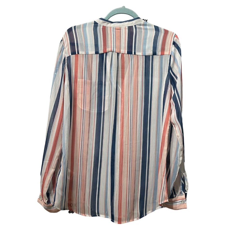 Kut From the Kluth size L blue stripe sheer button front v neck long sleeve top - Picture 2 of 7